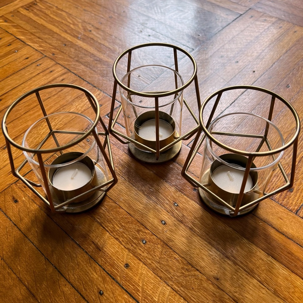 ⭐️SET OF 3⭐️ Brass + Glass Geometric Candle Holders